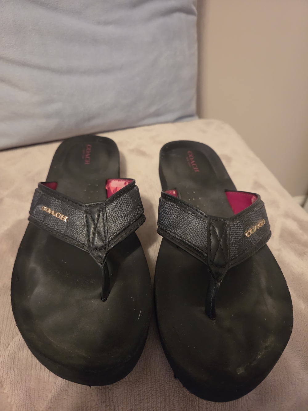 COACH Black Thong Sandals with Pink Liner